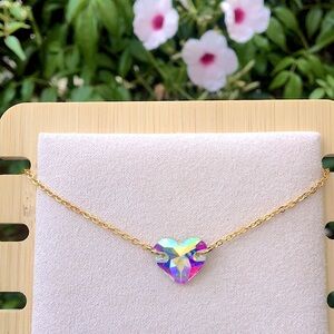 Aurora Borealis + Gold Crystal Heart Pendant Charm Necklace